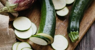 sliced zucchini eggplant and lettuce on a wooden chopping board